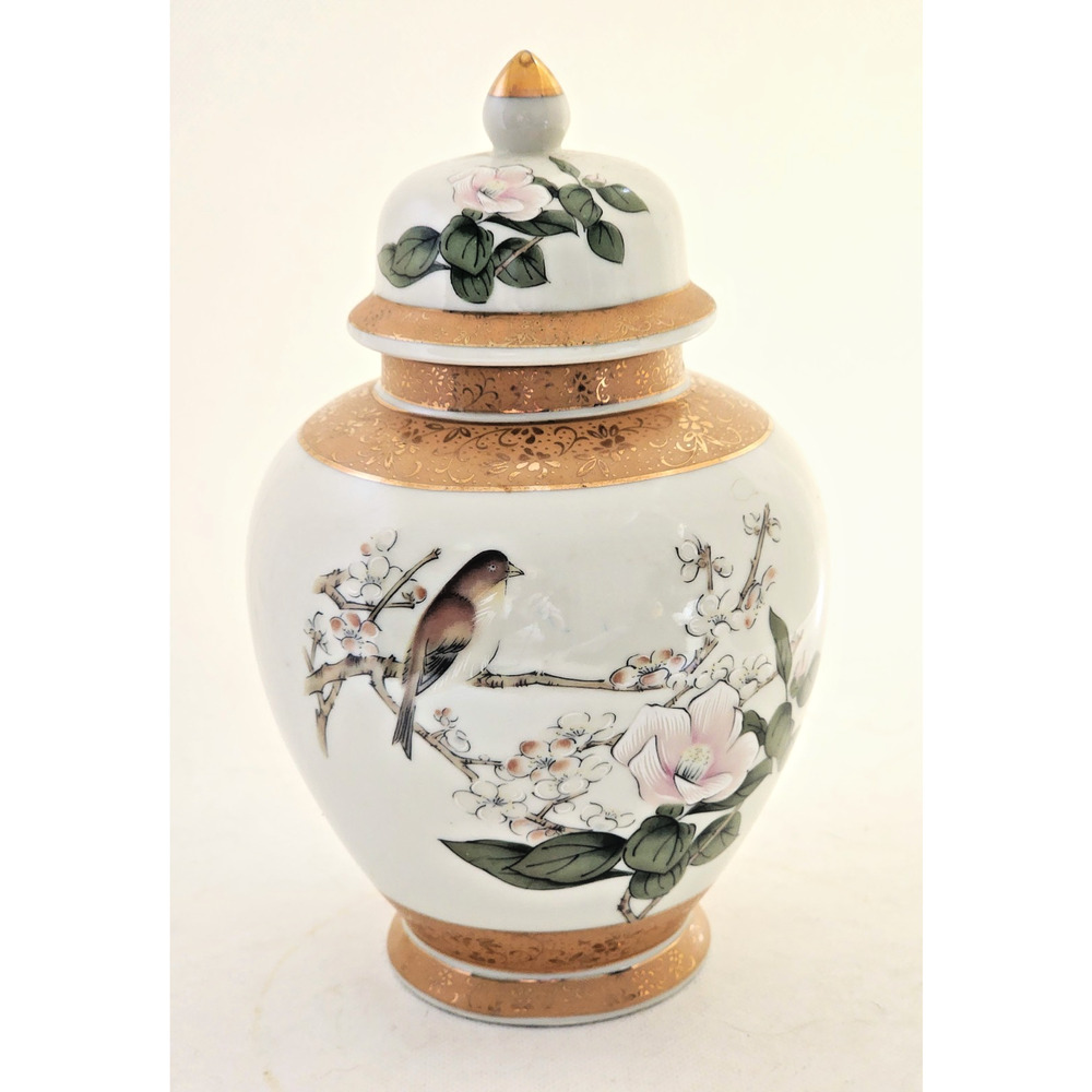Ginger Jar-Japan-Cherry Blossoms-Bird-Gold Tone Trim-Cream Color-Lid-Shelf Decor
